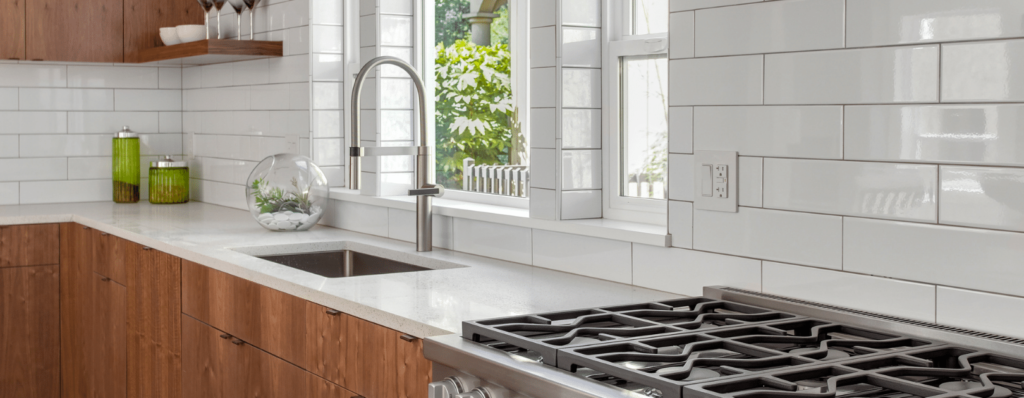 White subway tile backsplash in a Modern Farmhouse Kitchen